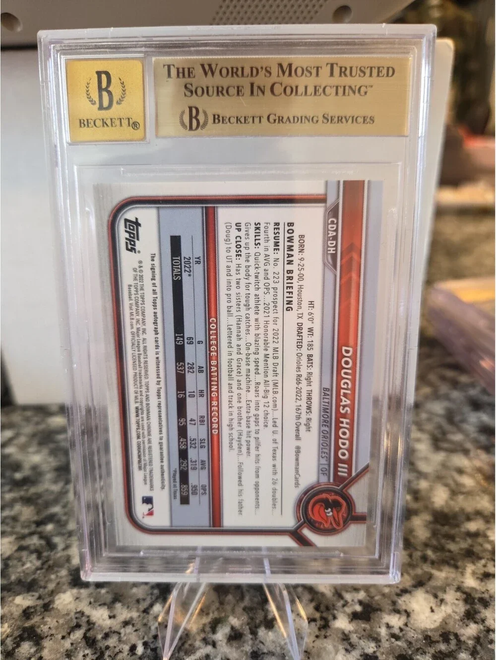 2022 Bowman Draft Chrome Auto Blue Ref /199 Douglas Hodo BGS 9.5 GEM MINT 1ST
